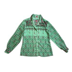 Vintage War Chief Floral Green Pink Long Sleeve Shirt top blouse Size Large Boho